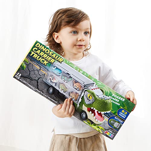 13 in 1 Dinosaur Truck for Kids, with 12 Pull Back Dinosaur Car Vehicles and Helicopter.