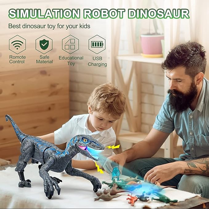 Remote Control Dinosaur Toys for Kids, Walking Robot Dinosaur Toy w/Light & Roaring Simulation Velociraptor