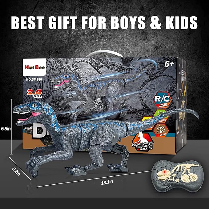 Remote Control Dinosaur Toys for Kids, Walking Robot Dinosaur Toy w/Light & Roaring Simulation Velociraptor