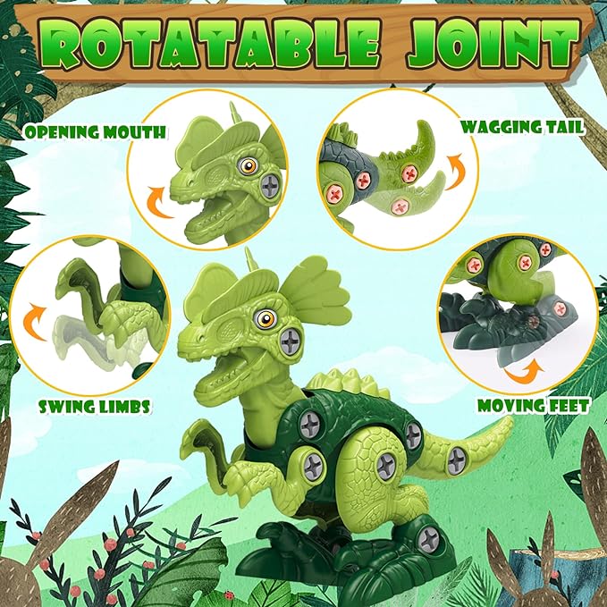 KAEGREEL Take Apart Dinosaur Toys for Kids, 4 Packs STEM Building Dinosaur Toys Construction Building Toy Set with Electric Drill