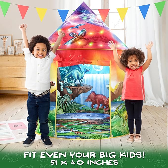 Dinosaur Discovery Kids Tent with LED Lights, Roar Button and 6 Dino Toys an Extraordinary Dinosaur Tent, Pop Up Tent for Kids