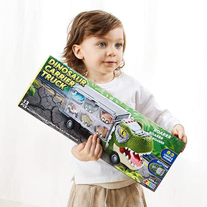 13 in 1 Dinosaur Truck for Kids, with 12 Pull Back Dinosaur Car Vehicles and Helicopter.