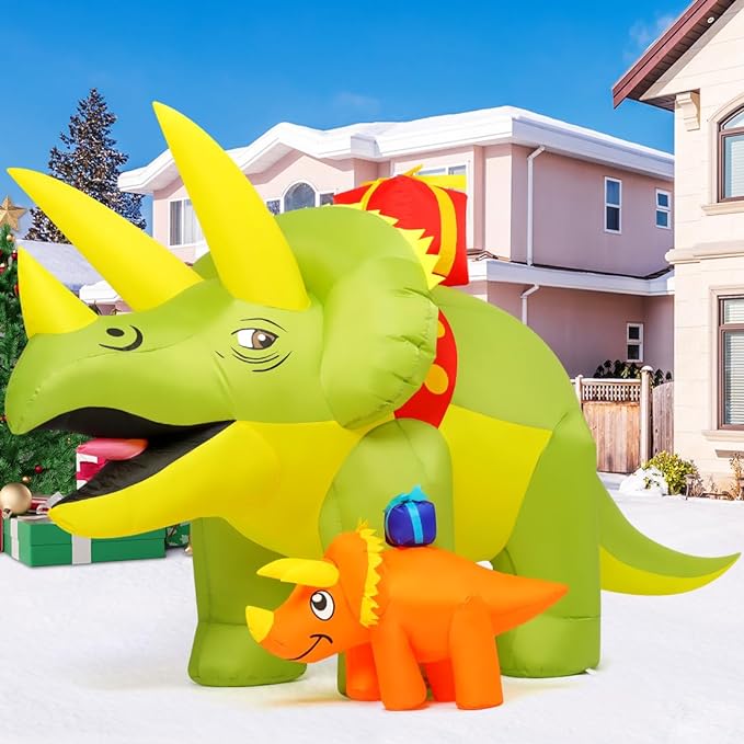 Christmas Inflatables Green Triceratops Dinosaur with Baby Dino Carry Gift Box