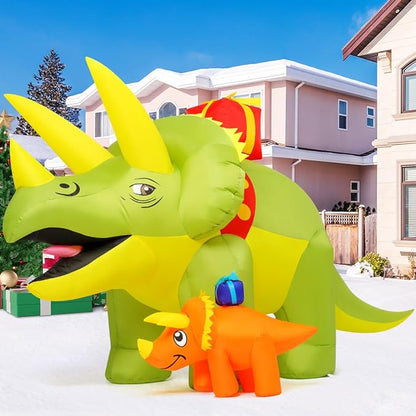 Christmas Inflatables Green Triceratops Dinosaur with Baby Dino Carry Gift Box