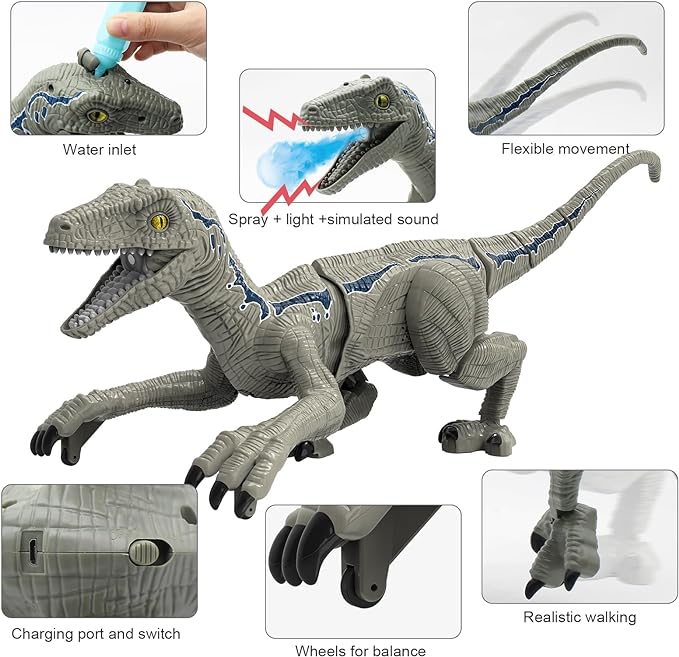 Remote Control Dinosaur Wildlife Electronic RC Spray Raptor Toy 2.4G LED Lightup Walking Roaring Tyrannosaurus Rex Jurassic Dino Rechargeable Animal Figure