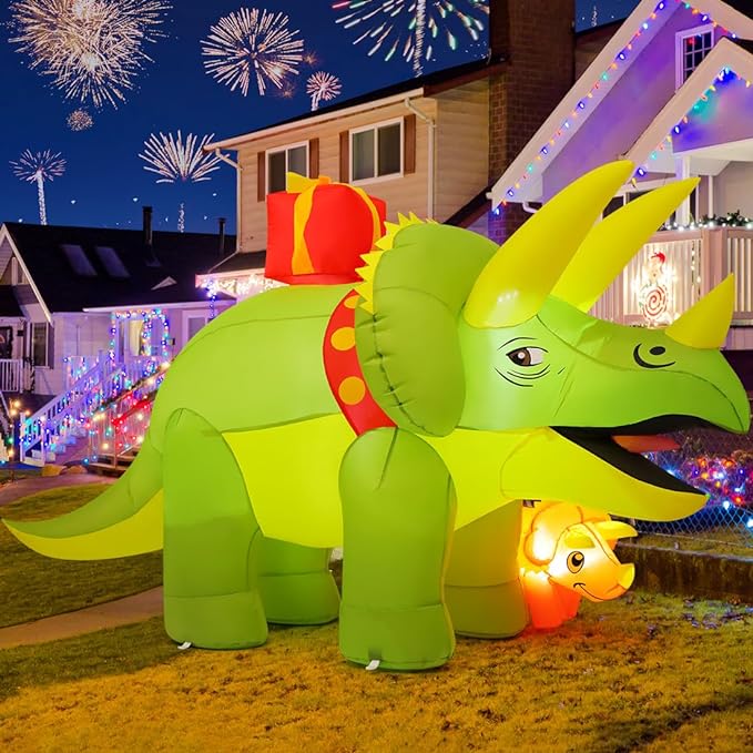 Christmas Inflatables Green Triceratops Dinosaur with Baby Dino Carry Gift Box