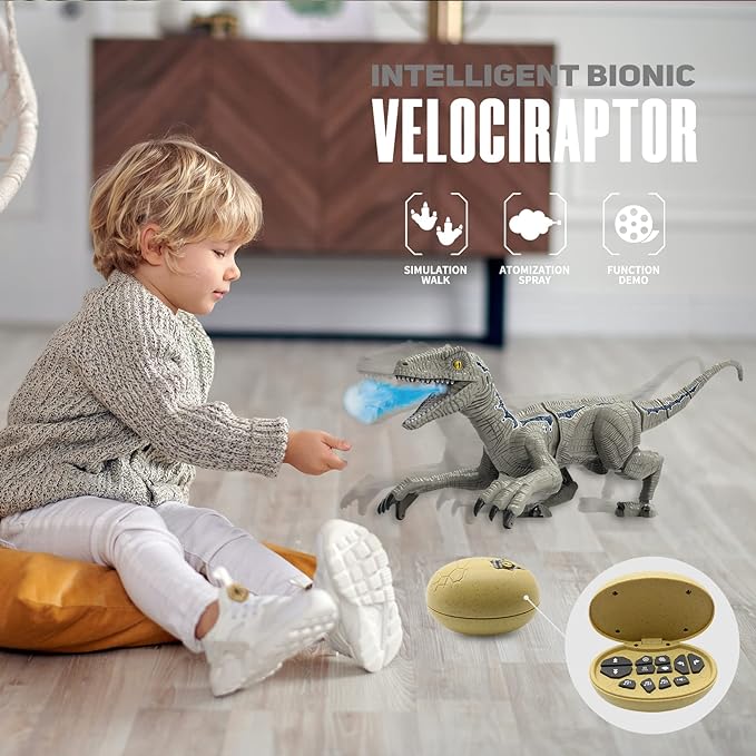 Remote Control Dinosaur Wildlife Electronic RC Spray Raptor Toy 2.4G LED Lightup Walking Roaring Tyrannosaurus Rex Jurassic Dino Rechargeable Animal Figure
