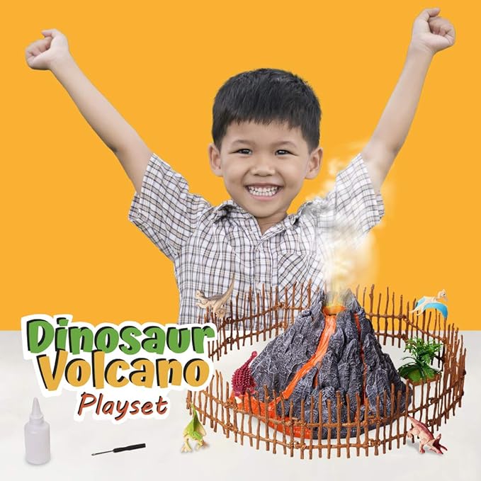 Volcano and Dinosaurs Playset - Includes 8 Jurassic Dinosaur Figures and Fence Mist-spouting Volcano World Set