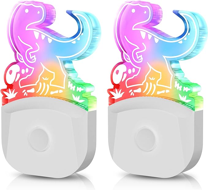 Dinosaur Night Light [2 Pack], 8 Color Changing Plug in Night Light for Kids, Baby Night Light with Dusk to Dawn Sensor