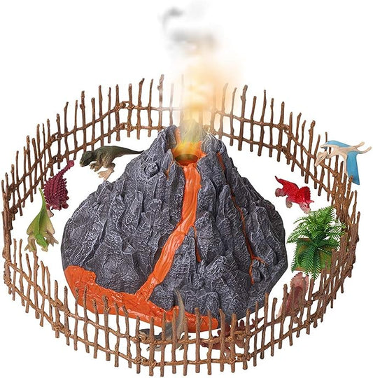 Volcano and Dinosaurs Playset - Includes 8 Jurassic Dinosaur Figures and Fence Mist-spouting Volcano World Set