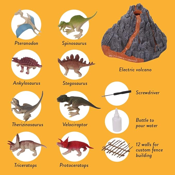Volcano and Dinosaurs Playset - Includes 8 Jurassic Dinosaur Figures and Fence Mist-spouting Volcano World Set