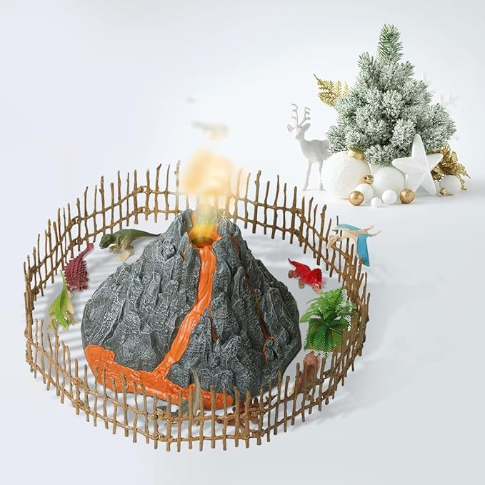 Volcano and Dinosaurs Playset - Includes 8 Jurassic Dinosaur Figures and Fence Mist-spouting Volcano World Set