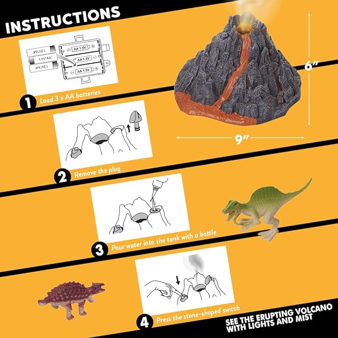 Volcano and Dinosaurs Playset - Includes 8 Jurassic Dinosaur Figures and Fence Mist-spouting Volcano World Set