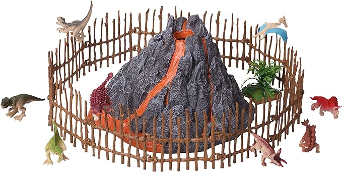 Volcano and Dinosaurs Playset - Includes 8 Jurassic Dinosaur Figures and Fence Mist-spouting Volcano World Set