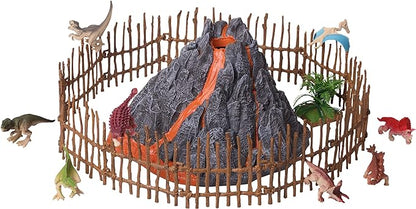 Volcano and Dinosaurs Playset - Includes 8 Jurassic Dinosaur Figures and Fence Mist-spouting Volcano World Set