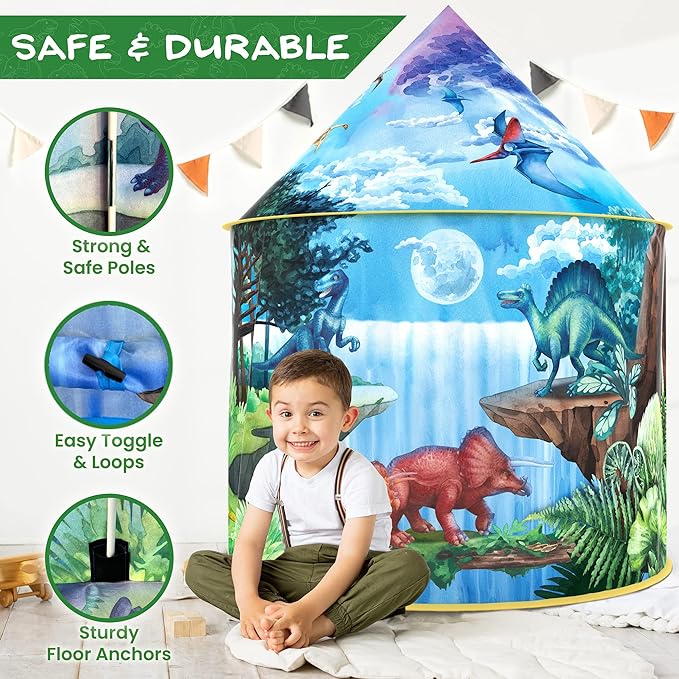 Dinosaur Discovery Kids Tent with LED Lights, Roar Button and 6 Dino Toys an Extraordinary Dinosaur Tent, Pop Up Tent for Kids