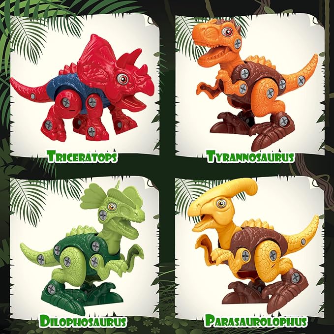 KAEGREEL Take Apart Dinosaur Toys for Kids, 4 Packs STEM Building Dinosaur Toys Construction Building Toy Set with Electric Drill