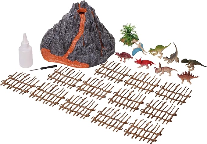 Volcano and Dinosaurs Playset - Includes 8 Jurassic Dinosaur Figures and Fence Mist-spouting Volcano World Set