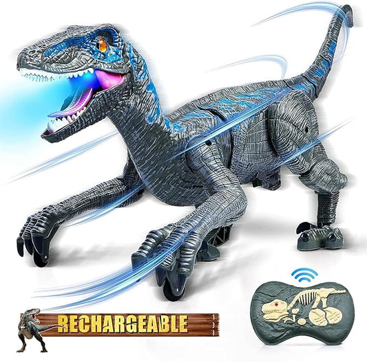 Remote Control Dinosaur Toys for Kids, Walking Robot Dinosaur Toy w/Light & Roaring Simulation Velociraptor