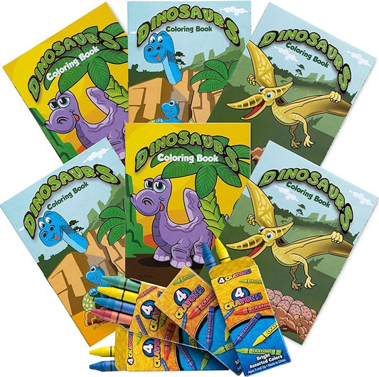 Mini Dinosaur Coloring Books for Kids Set - Bulk Pack of 24 with 8 Packs of 4 Color Crayons (Total of 32) Coloring Book Designs